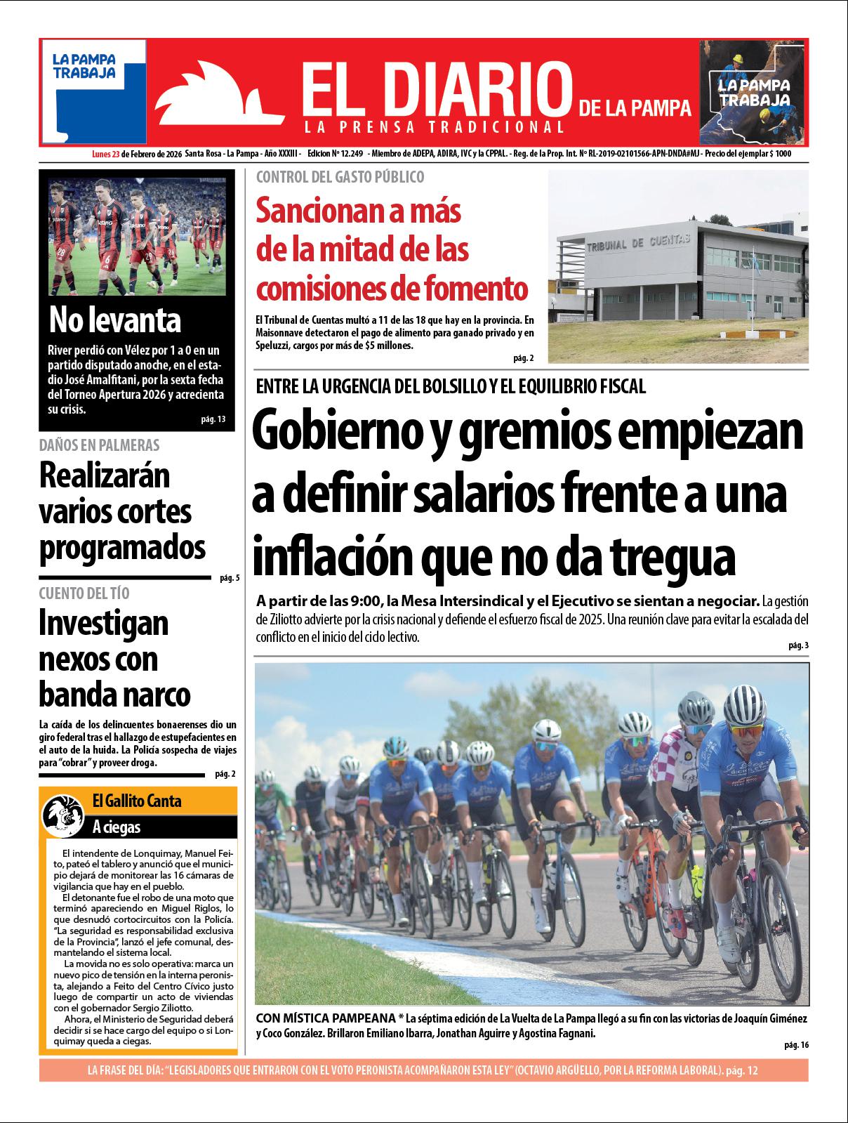 Tapa de El Diario en papel  lunes 23 de febrero de 2026